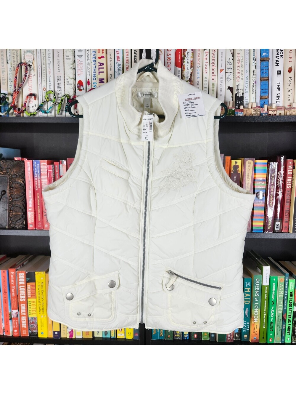 Dressbarn XL Ivory Quilted Floral Embroidered Utility Vest NWT